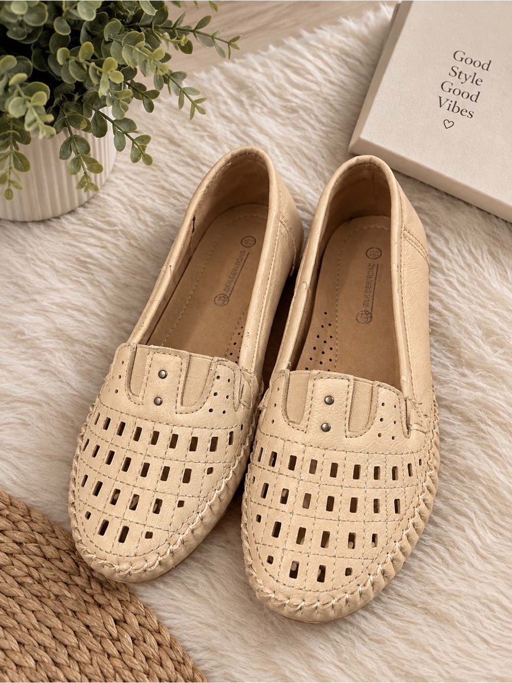 Women's Cream Perforated Slip-On Loafers